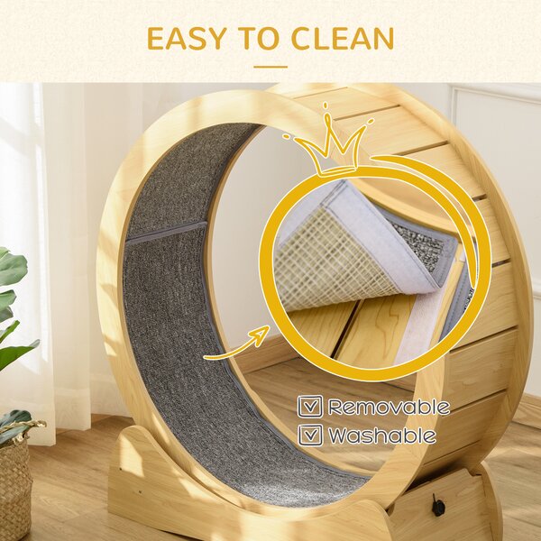PawHut Cat Treadmill, Wooden Cat Exercise Wheel with Carpeted Runway, Cat Running Wheel, Cat Tree for Physical Activity, Natural Wood Aosom UK