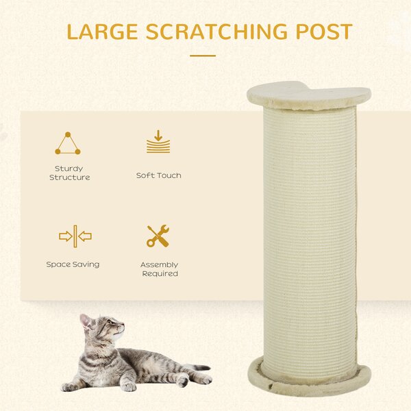 PawHut Cat Scratching Post: 85cm Tall with Sisal Rope, Soft Plush Cover, Anti-Tip Design for Indoor Use, Beige Aosom UK