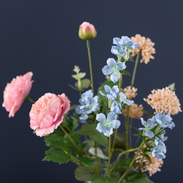 Artificial Pink & Blue Ranunculus Bouquet in Ribbed Glass Vase