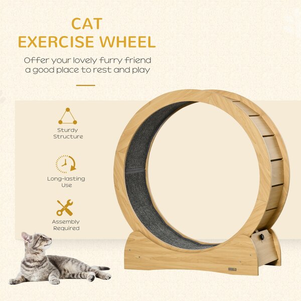 PawHut Cat Treadmill, Wooden Cat Exercise Wheel with Carpeted Runway, Cat Running Wheel, Cat Tree for Physical Activity, Natural Wood Aosom UK