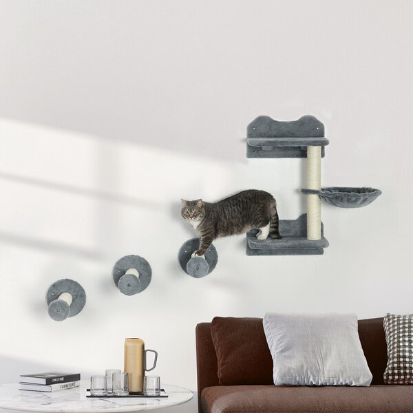 PawHut Wall-Mounted Cat Shelf Set, 4-Piece with Scratching Post, Space-Saving Design for Indoor Cats, Grey Aosom UK