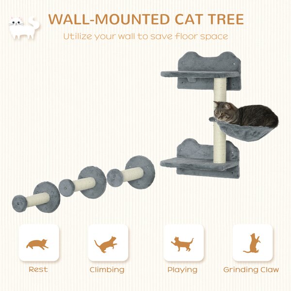 PawHut Wall-Mounted Cat Shelf Set, 4-Piece with Scratching Post, Space-Saving Design for Indoor Cats, Grey Aosom UK