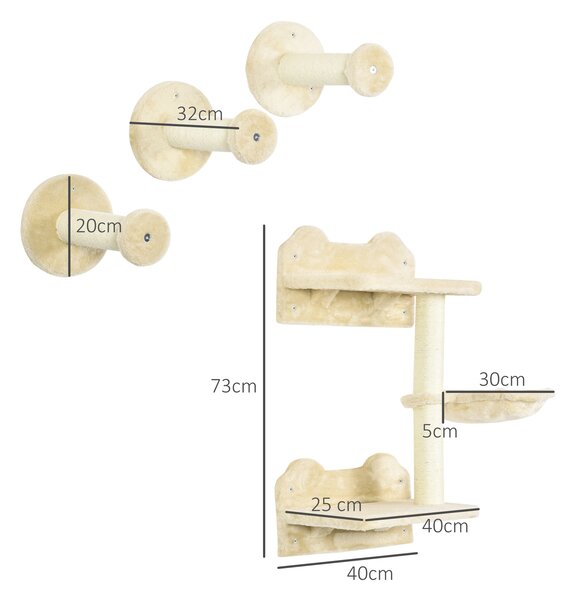 PawHut Feline Climbing Haven: Wall-Mounted Shelves with Hammock, Steps & Scratching Post, Beige Aosom UK