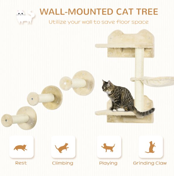 PawHut Feline Climbing Haven: Wall-Mounted Shelves with Hammock, Steps & Scratching Post, Beige Aosom UK