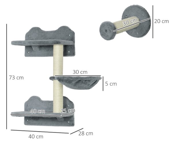 PawHut Wall-Mounted Cat Shelf Set, 4-Piece with Scratching Post, Space-Saving Design for Indoor Cats, Grey Aosom UK