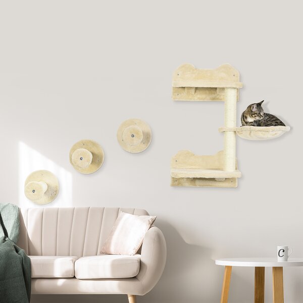 PawHut Feline Climbing Haven: Wall-Mounted Shelves with Hammock, Steps & Scratching Post, Beige Aosom UK