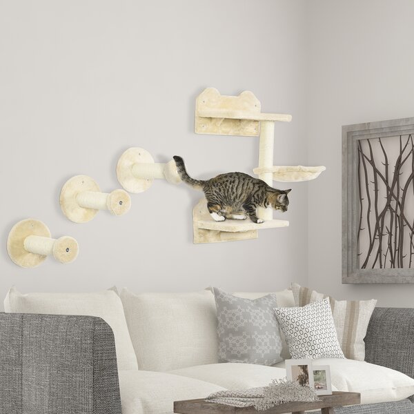 PawHut Feline Climbing Haven: Wall-Mounted Shelves with Hammock, Steps & Scratching Post, Beige Aosom UK