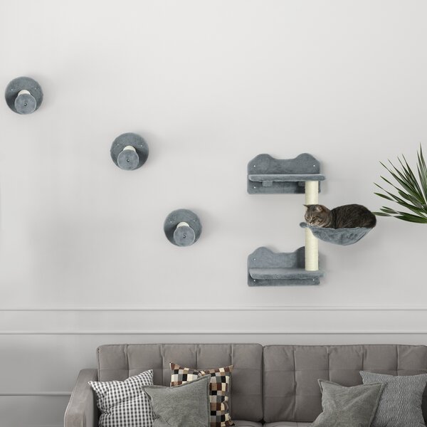PawHut Wall-Mounted Cat Shelf Set, 4-Piece with Scratching Post, Space-Saving Design for Indoor Cats, Grey Aosom UK