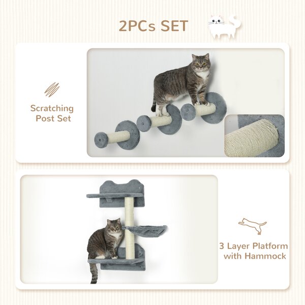 PawHut Wall-Mounted Cat Shelf Set, 4-Piece with Scratching Post, Space-Saving Design for Indoor Cats, Grey Aosom UK