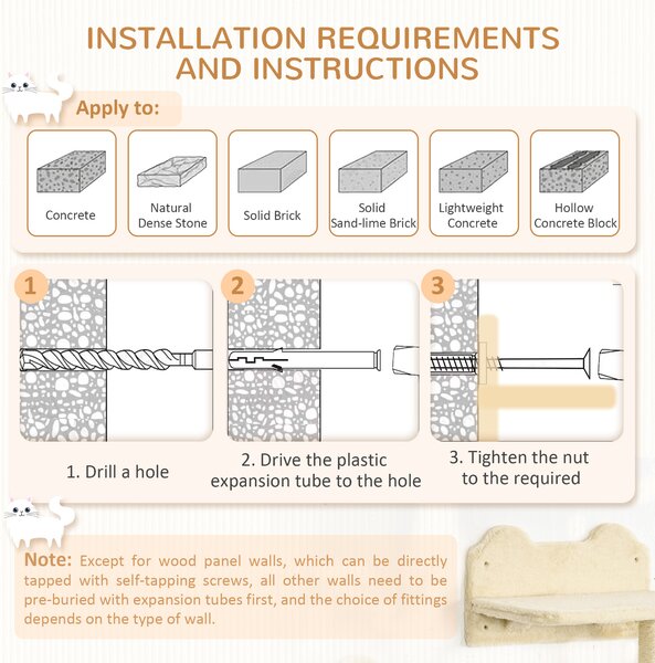 PawHut Feline Climbing Haven: Wall-Mounted Shelves with Hammock, Steps & Scratching Post, Beige Aosom UK