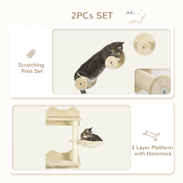 PawHut Feline Climbing Haven: Wall-Mounted Shelves with Hammock, Steps & Scratching Post, Beige Aosom UK