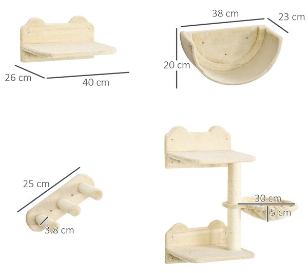 PawHut Wall-mounted Cat Shelves Set, Climbing Activity Centre with Hammock, Scratching Post & Jumping Platform for Kittens, Beige Aosom UK