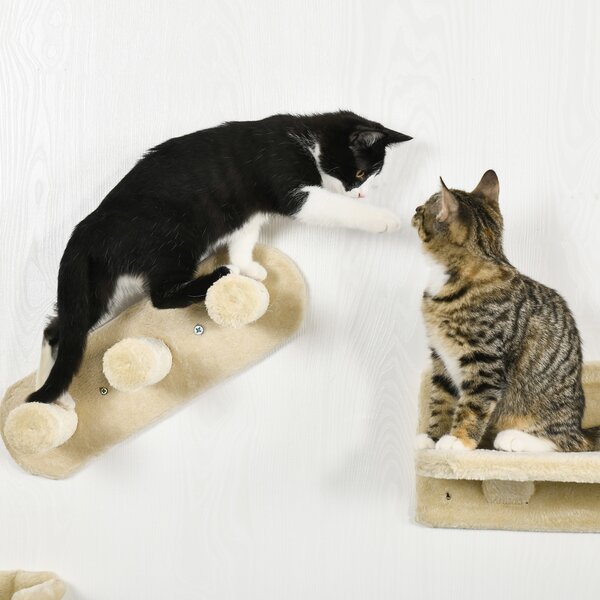 PawHut Wall-mounted Cat Shelves Set, Climbing Activity Centre with Hammock, Scratching Post & Jumping Platform for Kittens, Beige Aosom UK