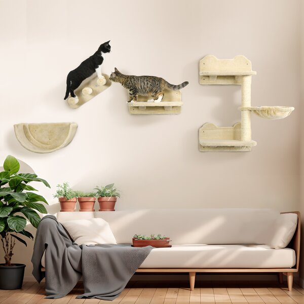 PawHut Wall-mounted Cat Shelves Set, Climbing Activity Centre with Hammock, Scratching Post & Jumping Platform for Kittens, Beige Aosom UK