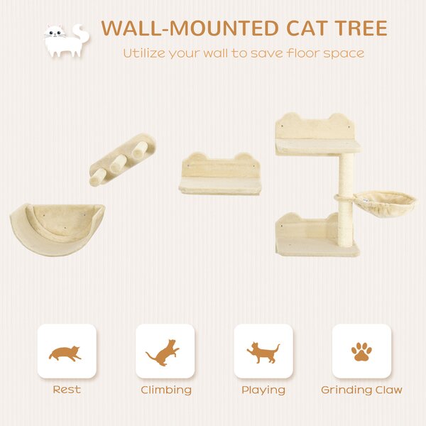 PawHut Wall-mounted Cat Shelves Set, Climbing Activity Centre with Hammock, Scratching Post & Jumping Platform for Kittens, Beige Aosom UK