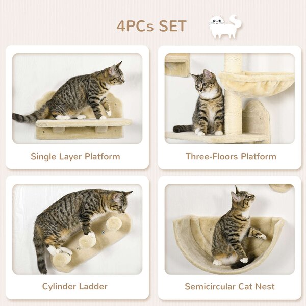 PawHut Wall-mounted Cat Shelves Set, Climbing Activity Centre with Hammock, Scratching Post & Jumping Platform for Kittens, Beige Aosom UK