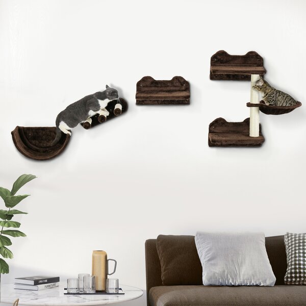 PawHut 4PCs Wall-Mounted Cat Shelves w/ Scratching Post, Hammock, Nest - Brown Aosom UK