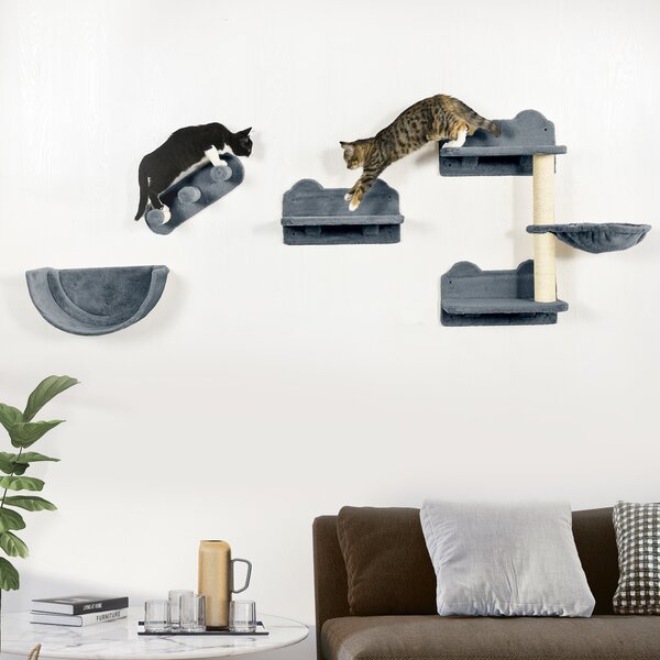 PawHut Cat Shelves Fit Cat Up to 5kg, 4-Piece Set with Scratching Post, Hammock, Nest, Safe for Cats to Play, Grey & Cream Aosom UK