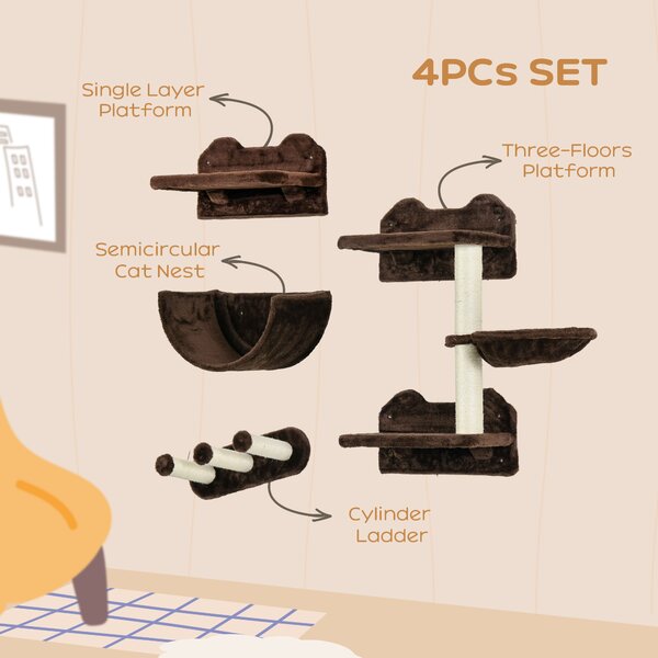 PawHut 4PCs Wall-Mounted Cat Shelves w/ Scratching Post, Hammock, Nest - Brown Aosom UK