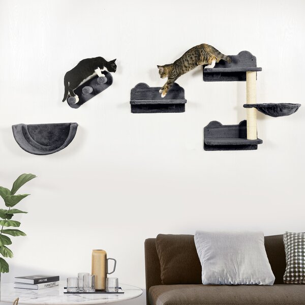 PawHut 4PCs Wall-Mounted Cat Shelves w/ Scratching Post, Hammock, Nest - Dark Grey Aosom UK