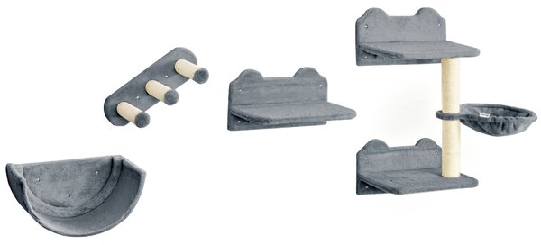 PawHut Cat Shelves Fit Cat Up to 5kg, 4-Piece Set with Scratching Post, Hammock, Nest, Safe for Cats to Play, Grey & Cream Aosom UK