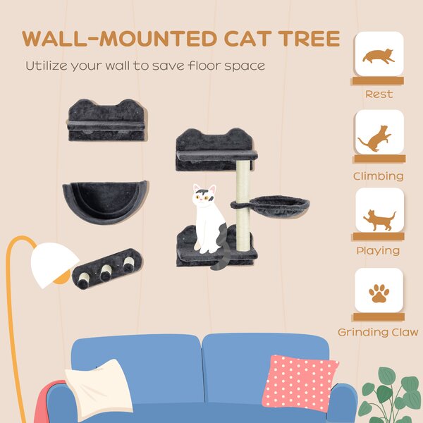 PawHut 4PCs Wall-Mounted Cat Shelves w/ Scratching Post, Hammock, Nest - Dark Grey Aosom UK
