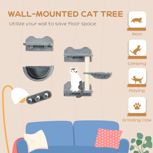 PawHut Cat Shelves Fit Cat Up to 5kg, 4-Piece Set with Scratching Post, Hammock, Nest, Safe for Cats to Play, Grey & Cream Aosom UK