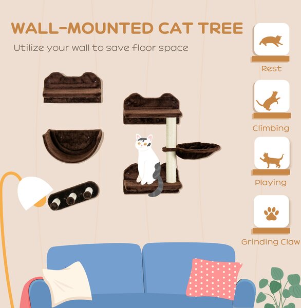 PawHut 4PCs Wall-Mounted Cat Shelves w/ Scratching Post, Hammock, Nest - Brown Aosom UK