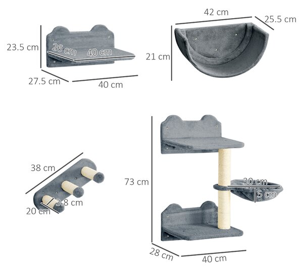 PawHut Cat Shelves Fit Cat Up to 5kg, 4-Piece Set with Scratching Post, Hammock, Nest, Safe for Cats to Play, Grey & Cream Aosom UK