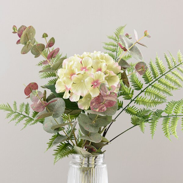 Artificial Green Hydrangea and Eucalyptus Bouquet in Ribbed Glass Vase