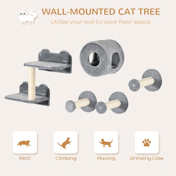 PawHut 5Pcs Cat Wall Furniture with Perch, Cat Condo, Scratching Post, Wall Mounted Cat Tree for Indoor Cats Use - Grey Aosom UK