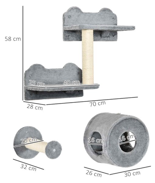 PawHut 5Pcs Cat Wall Furniture with Perch, Cat Condo, Scratching Post, Wall Mounted Cat Tree for Indoor Cats Use - Grey Aosom UK