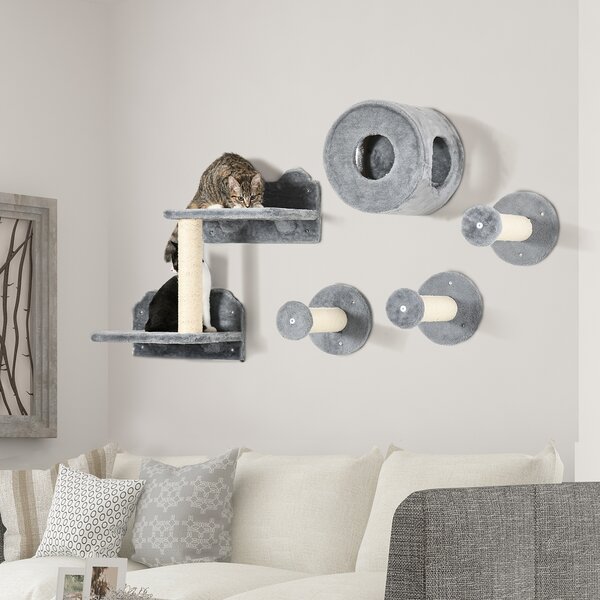 PawHut 5Pcs Cat Wall Furniture with Perch, Cat Condo, Scratching Post, Wall Mounted Cat Tree for Indoor Cats Use - Grey Aosom UK