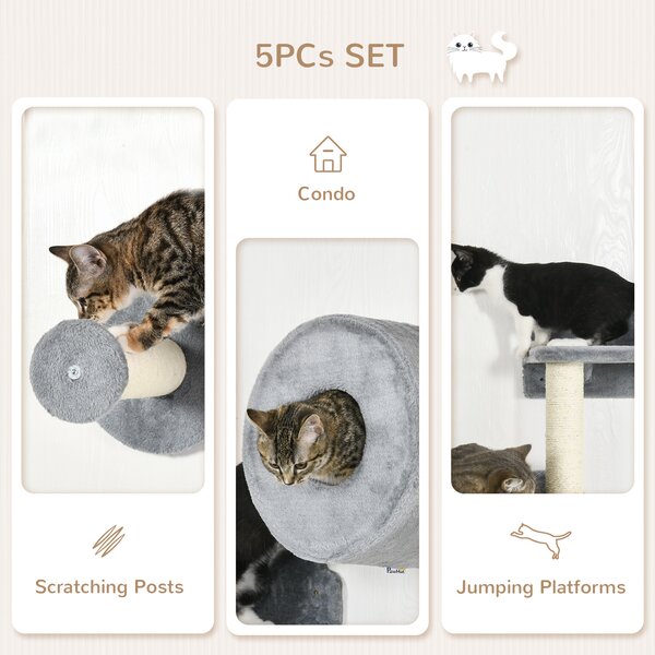 PawHut 5Pcs Cat Wall Furniture with Perch, Cat Condo, Scratching Post, Wall Mounted Cat Tree for Indoor Cats Use - Grey Aosom UK