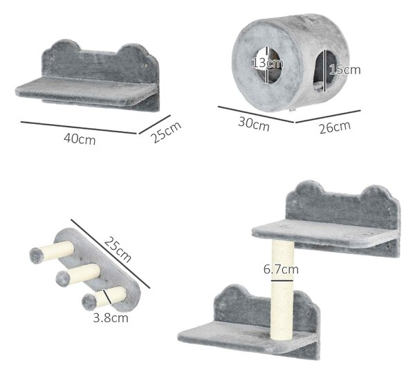 PawHut 4PCs Wall Mounted Cat Tree Cat Wall Furniture with Platforms, Steps, Scratching Post, Perch, Cat Condo for Indoor Cat - Grey