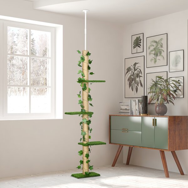 PawHut Floor to Ceiling Cat Tree, 242cm Height Adjustable Kitten Tower, Anti-slip Kit, Highly Simulated Multi-Layer Activity Centre, Green Aosom UK