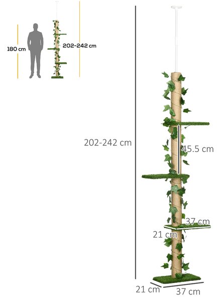 PawHut Floor to Ceiling Cat Tree, 242cm Height Adjustable Kitten Tower, Anti-slip Kit, Highly Simulated Multi-Layer Activity Centre, Green Aosom UK
