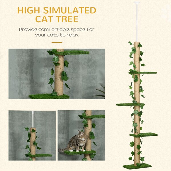 PawHut Floor to Ceiling Cat Tree, 242cm Height Adjustable Kitten Tower, Anti-slip Kit, Highly Simulated Multi-Layer Activity Centre, Green Aosom UK