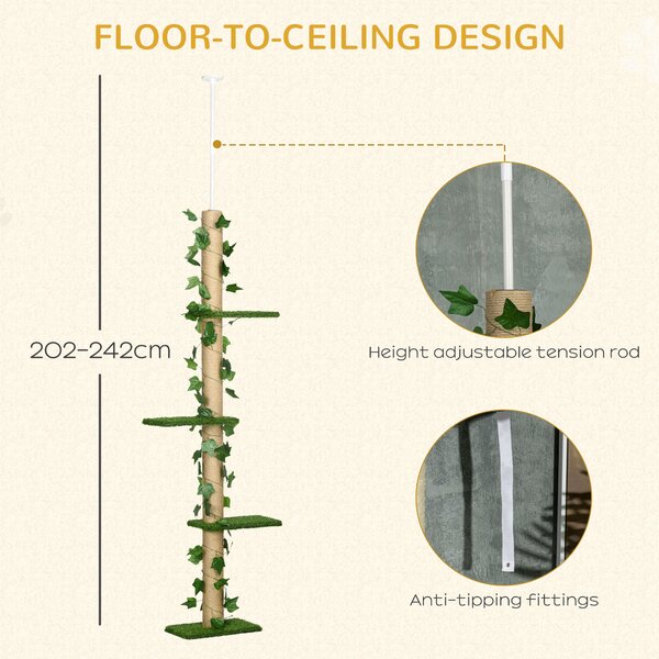 PawHut Floor to Ceiling Cat Tree, 242cm Height Adjustable Kitten Tower, Anti-slip Kit, Highly Simulated Multi-Layer Activity Centre, Green Aosom UK