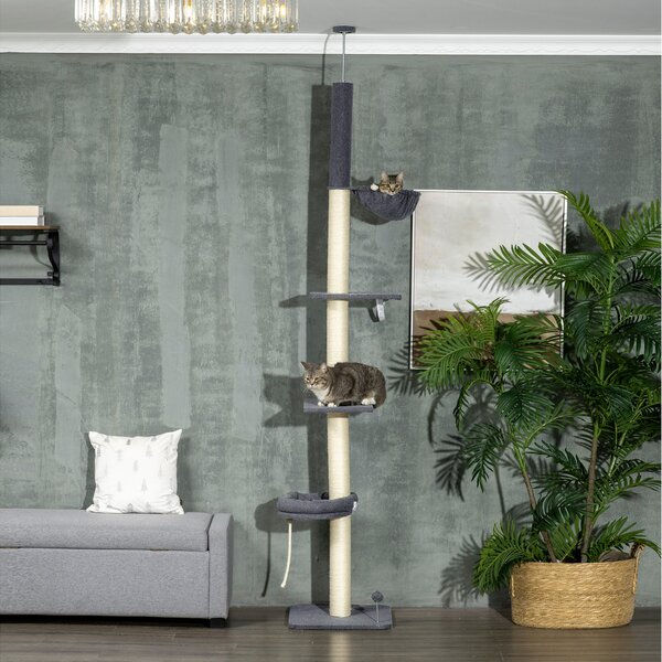 PawHut 5-Tier Cat Tree, Adjustable Height Floor to Ceiling Tower, Multi-Level Climber with Scratching Posts, Black Aosom UK