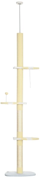 PawHut 260cm Cat Tower Cat Tree, Floor to Ceiling, Height Adjustable with Anti-slip Kit and Fish-shaped Scratching Post Ball, Yellow
