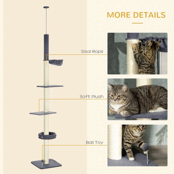 PawHut 5-Tier Cat Tree, Adjustable Height Floor to Ceiling Tower, Multi-Level Climber with Scratching Posts, Black Aosom UK