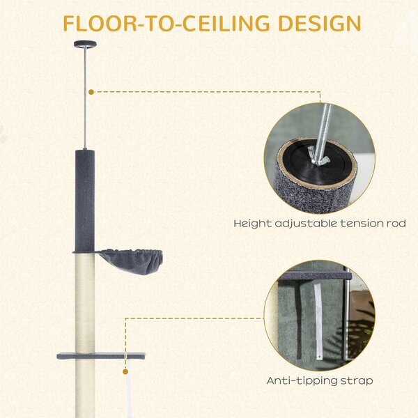PawHut 5-Tier Cat Tree, Adjustable Height Floor to Ceiling Tower, Multi-Level Climber with Scratching Posts, Black Aosom UK