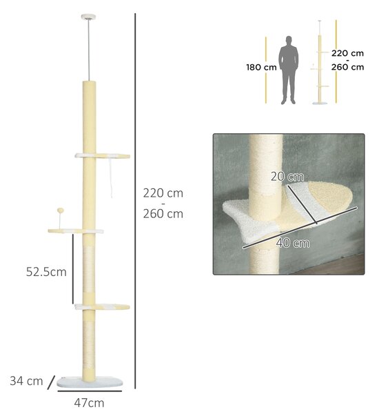 PawHut 260cm Cat Tower Cat Tree, Floor to Ceiling, Height Adjustable with Anti-slip Kit and Fish-shaped Scratching Post Ball, Yellow