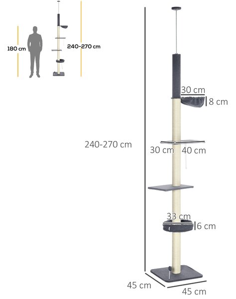 PawHut 5-Tier Cat Tree, Adjustable Height Floor to Ceiling Tower, Multi-Level Climber with Scratching Posts, Black Aosom UK