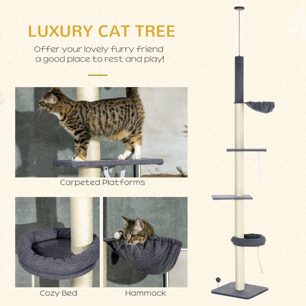 PawHut 5-Tier Cat Tree, Adjustable Height Floor to Ceiling Tower, Multi-Level Climber with Scratching Posts, Black Aosom UK