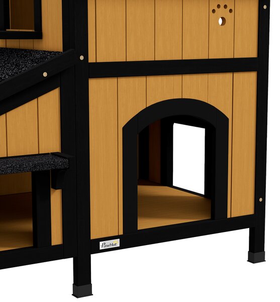 PawHut Wooden Cat House with Flower Pot, Windows, Multiple Entrances, Water-Resistant Roof for Outdoor - Yellow