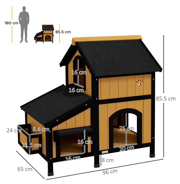 PawHut Wooden Cat House with Flower Pot, Windows, Multiple Entrances, Water-Resistant Roof for Outdoor - Yellow