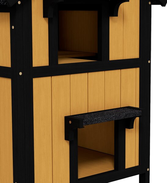 PawHut Wooden Cat House with Flower Pot, Windows, Multiple Entrances, Water-Resistant Roof for Outdoor - Yellow