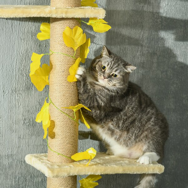 PawHut 202-242cm Height Adjustable Floor to Ceiling Cat Tree for Cats with Sisal Scratching Post, 3- Tier Cat Tower